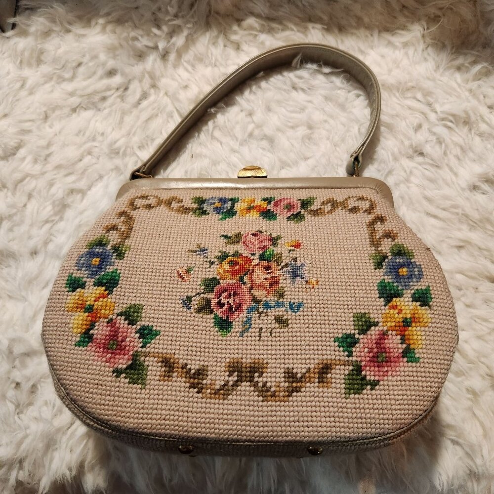 Vintage Needlepoint 7 Petit Point Floral Handbag MCM Cottage Beige Pink & Blue F